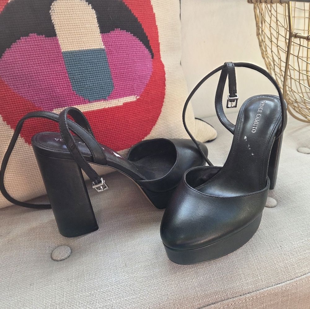 Vince Camuto Patrissya Womens Platform Pump Sz 7 M Block Heel Black Leather
